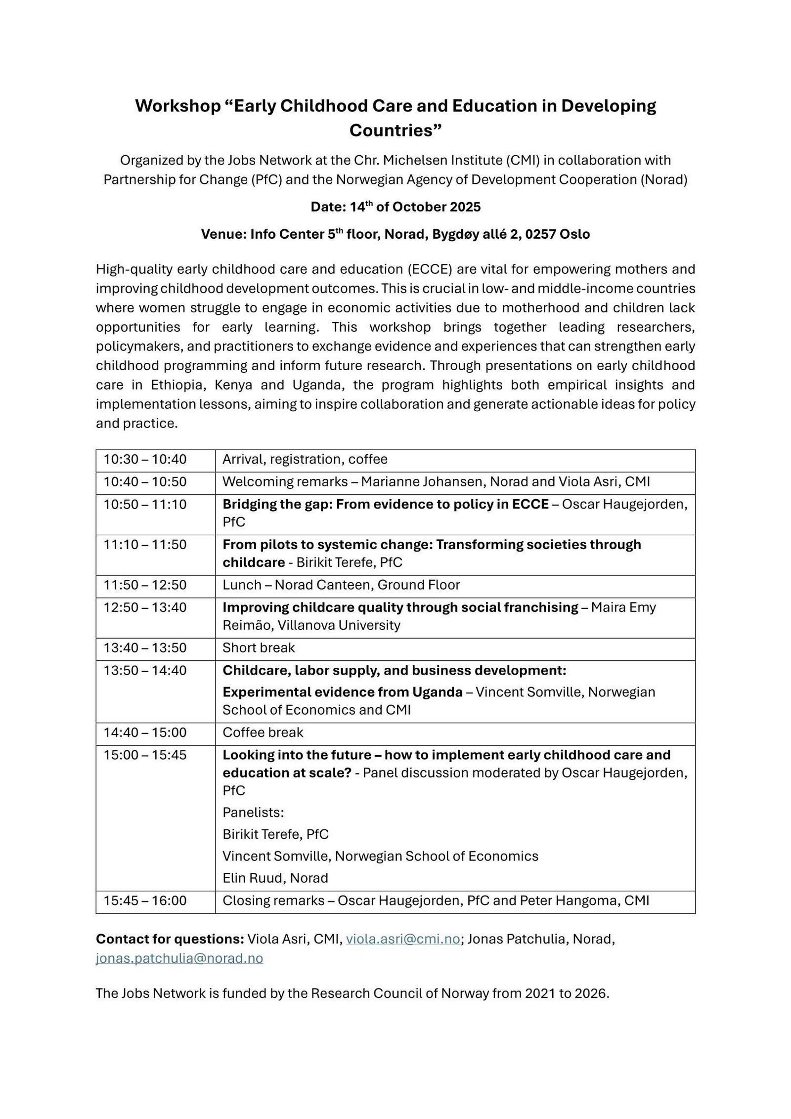 Workshop at Norad: Early Childhood Care and Education in Developing ...